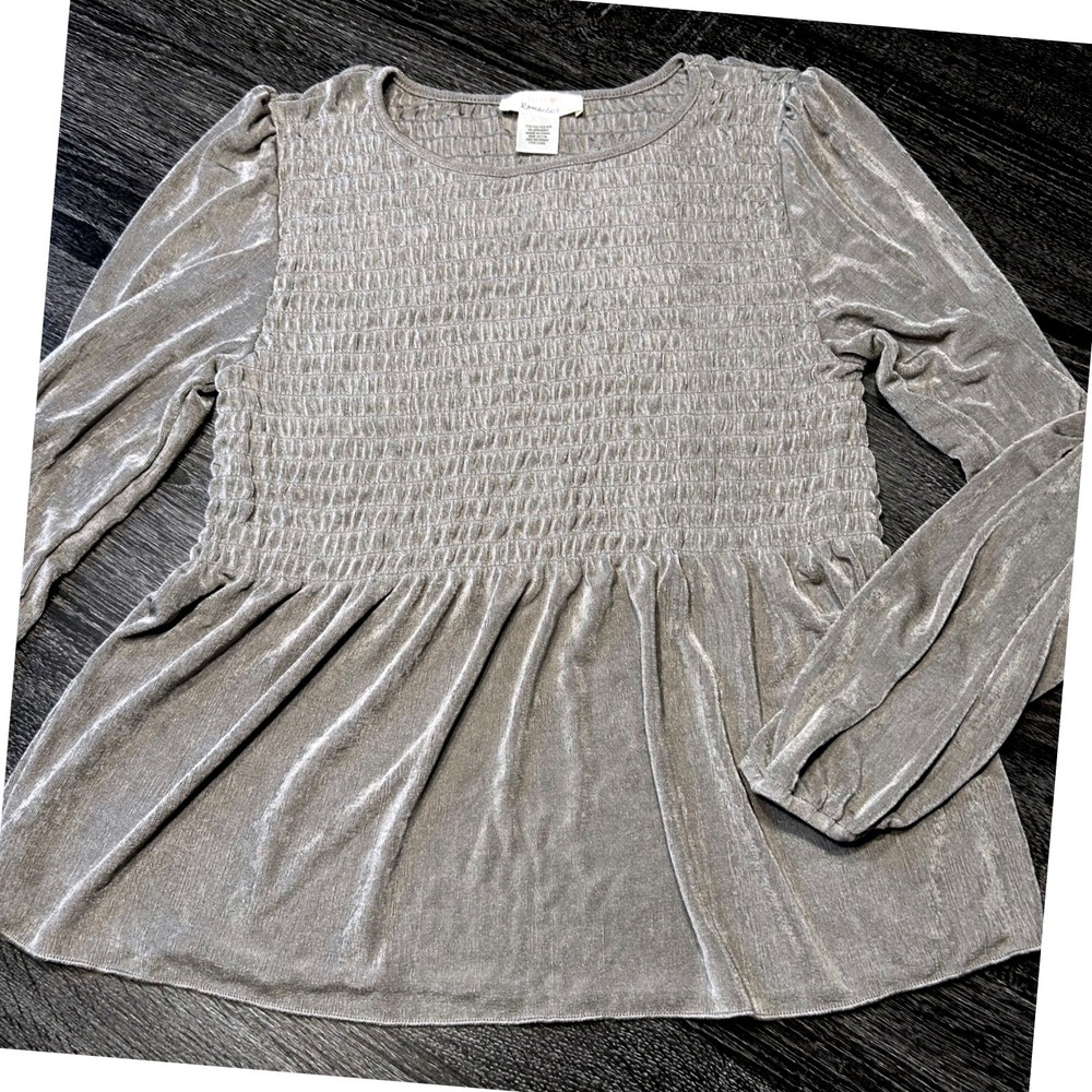 Urban Romantics Silver Metallic Smocked Peplum Top Long Sleeve Small Shimmer
